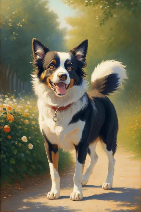 A cute border collie wagging its tail happily, Oil on canvas, Impressionism, [style of Claude Monet, style of Pierre-Auguste Renoir], Highly detailed painting, cheerful composition, warm color palette, Natural lighting, golden hour