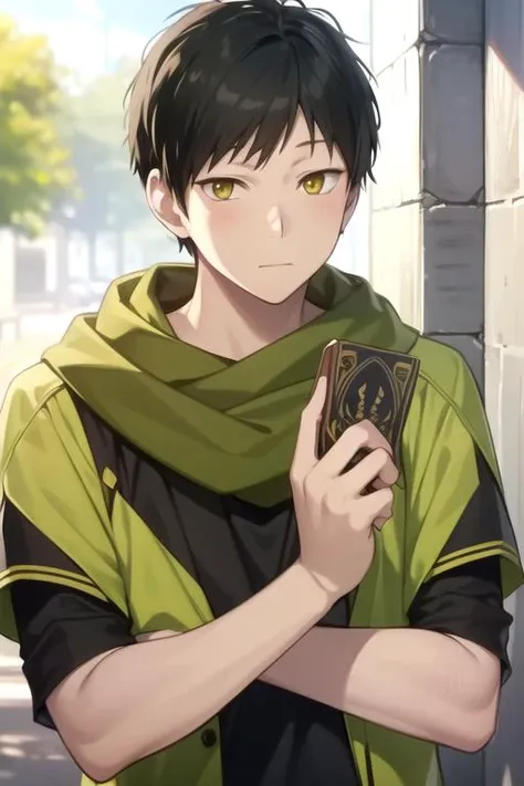 masterpiece, best quality, illustration, 1boy, solo, male focus, looking at viewer, upper body, depth of field, , realistic, <lora:obi_akagami_no_shirayuki-hime:0.70>, obi_akagami_no_shirayuki-hime, black hair, yellow eyes, gorilla costume, science fantasy, High definition