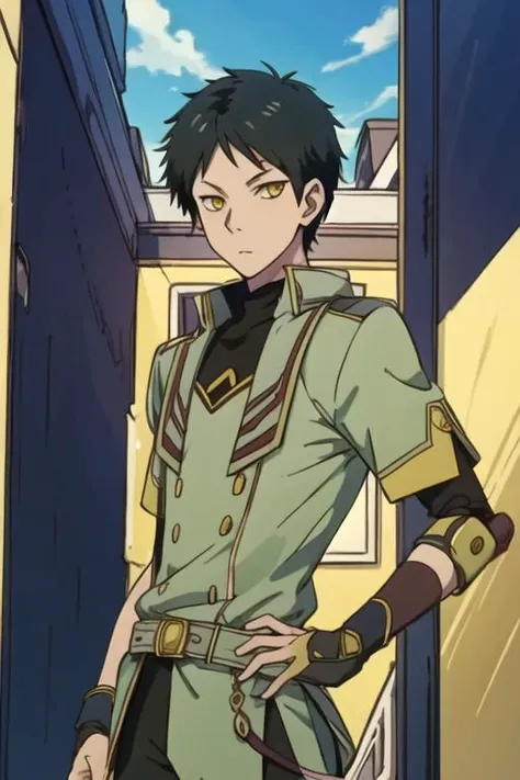 masterpiece, best quality, illustration, 1boy, solo, male focus, looking at viewer, , , anime coloring, , <lora:obi_akagami_no_shirayuki-hime:0.74>, obi_akagami_no_shirayuki-hime, black hair, yellow eyes, robot costume, ,