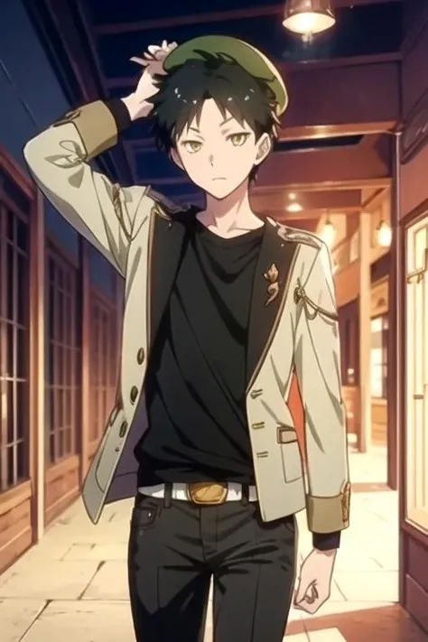 masterpiece, best quality, illustration, 1boy, solo, male focus, looking at viewer, , depth of field, anime coloring, , <lora:obi_akagami_no_shirayuki-hime:0.66>, obi_akagami_no_shirayuki-hime, black hair, yellow eyes, khakis, beret, science fiction detective,