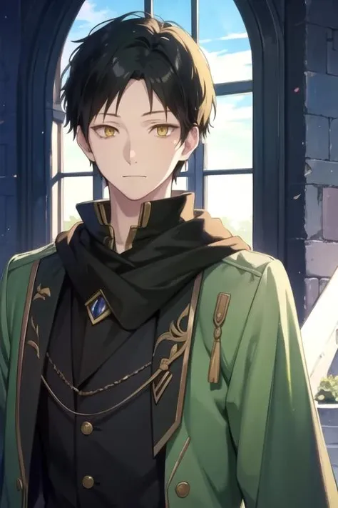 masterpiece, best quality, , 1boy, solo, male focus, looking at viewer, upper body, depth of field, (watercolor illustration, soft pastel colors:1.1), realistic, <lora:obi_akagami_no_shirayuki-hime:0.72>, obi_akagami_no_shirayuki-hime, black hair, yellow eyes, french costume, A dark, foreboding castle where a wicked queen reigns,