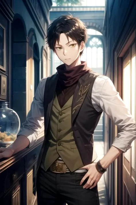 masterpiece, best quality, , 1boy, solo, male focus, looking at viewer, upper body, , ligne claire, , <lora:obi_akagami_no_shirayuki-hime:0.68>, obi_akagami_no_shirayuki-hime, black hair, yellow eyes, waistcoat, , science fiction science fantasy,