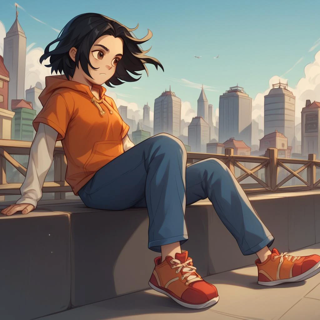 score_9, score_8_up, score_7_up, semirealistic girl sitting on bridge, small body, jadechan, short black hair, solo, brown eyes, wind, 1girl, orange hoodie, long white sleeves, blue pants, sneakers, city in the background, clear sky, <lora:Jadepony2.2:0.7> <lora:detailed_notrigger:1>