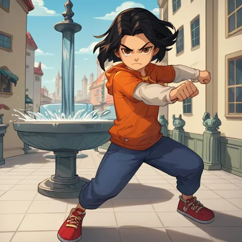 score_9, score_8_up, score_7_up, cartoon girl fighting stance, in front of fountain, small body, jadechan, short black hair, solo, brown eyes, wind, 1girl, orange hoodie, long white sleeves, blue pants, sneakers, looking at viewer, city in the background, slight smirk <lora:Jadepony2.2:0.9> <lora:detailed_notrigger:1>