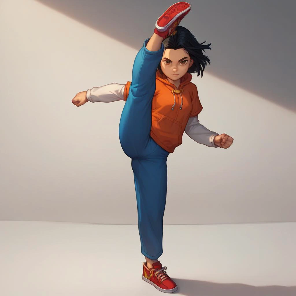 score_9, score_8_up, score_7_up, semirealistic girl kicking, standing, leg up, small body, jadechan, short black hair, solo, detailed brown eyes, looking at viewer, 1girl, orange hoodie, long white sleeves, blue pants, Sneakers <lora:Jadepony2.2:0.7> <lora:detailed_notrigger:1>