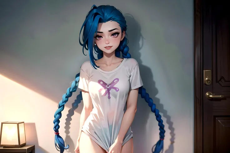 (masterpiece, best quality:1.2),extremely intricate, 1girl, solo, solo focus, detailed eyes, deep eyes, (freckles:0.8), cinematic light, rim lighting, ultra high res, perfect anatomy, best shadow, delicate, arcane style, 1girl, (JinxLol,:1.2), mature female,solo, solo focus,
asymmetrical bangs, bangs, blue hair, collarbone, small breasts, long hair, red lips, pink eyes, twin braids, arcane jinx, jinx \(league of legends\)
, from front,
<lora:jinx:1:CHARACTER>,<lora:arcane_offset:0.25:CHARACTER>,
bedroom, cute, shiny skin,
, embarrassed, grin, blushing, hoodnude, (t-shirt),
, (standing), (thighs),
shirt, (naked_shirt), (shirt tug:1.2) <lora:shirt_tug:0.8>, bottomless,