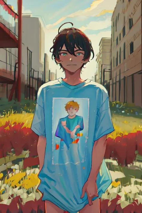masterpiece, best quality, highres, 1boy, shirt, naked shirt, shirt tug <lora:shirt_tug:1.5>