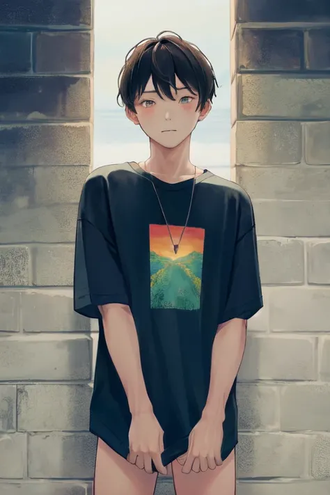 masterpiece, best quality, highres, 1boy, shirt, naked shirt, shirt tug <lora:shirt_tug:1.5>