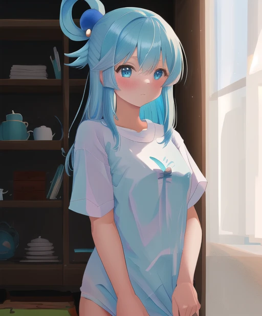 aqua /(konosuba/), 1girl, long light blue hair, masterpiece, best quality, highres,naked shirt, shirt tug,  <lora:shirtTugPoseLORA_shirtTug:1.5>,  <lora:aquaKonosubaLora_1:.5>,  <lora:pastelmixInspiredV5_v5:.5>