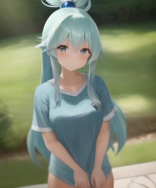 aqua /(konosuba/), igirl, long light blue hair, masterpiece, best quality, highres, naked shirt, shirt tug, <lora:shirtTugPoseLORA_shirtTug:1>