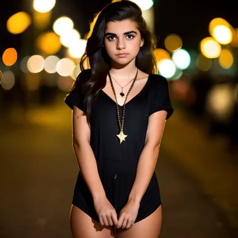 portrait (beautiful teen) in city at night, black shirt, leg, bokeh, necklace, detailed, cinematic light, canon, 4k by Fashion Photographer <lora:shirtTugPoseLORA_shirtTug:1.5>
