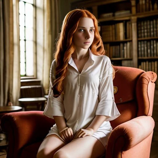 photo (beautiful women 20 yo, ginger white shirt), on armchairs in gryffindor common room, detailed, cinematic light, canon, 4k <lora:shirtTugPoseLORA_shirtTug:1.4>