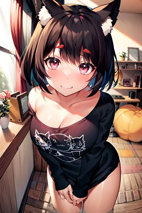 <lora:yamashiro_v2.0:0.8>,yamashiro\(azur lane\), (naked shirt:1.5),cat ears, blush, solo, looking at viewer, <lora:shirt_tug:0.7>,indoors, shirt tug,from above, masterpiece, best quality, extremely detailed face, sharp details, high contrast,