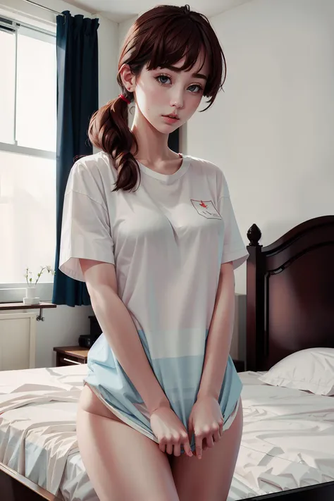 (best quality, masterpiece, girl, solo, bed), white shirt, feeling shy, red cheeks, <lora:shirt_tug:1>