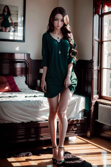 (best quality, masterpiece, girl, solo, bed), white shirt, feeling shy, red cheeks, mj3d style,3dmm,3d,(full body shot:1.3), bokeh:1.2, indoors, on a soft bed, high-heels, looking at viewer,((shirt tug, over-sized white shirt with shoulders showing, necklace)), (22 years old woman), medium breast, small waist, long brown flowing hair glamour, (green eyes, beautiful eyes), beautiful face, perfect illumination, beautiful detailed eyes, looking at viewer, stunningly beautiful woman, detailed hairstyle, good hands, detailed hands, good feet, <lora:shirt_tug:1>