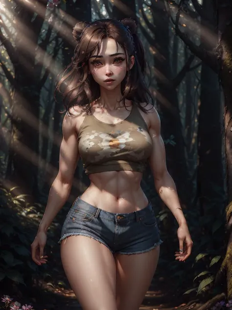 masterpiece, best quality, octane render, hyper-realism, photorealistic, woman, Tuya wearing t-shirt and jeans, walking in a dense forest, afternoon, sunshine, light rays, RayTrace, spring flowers, <lora:MIOfinalRS:1>