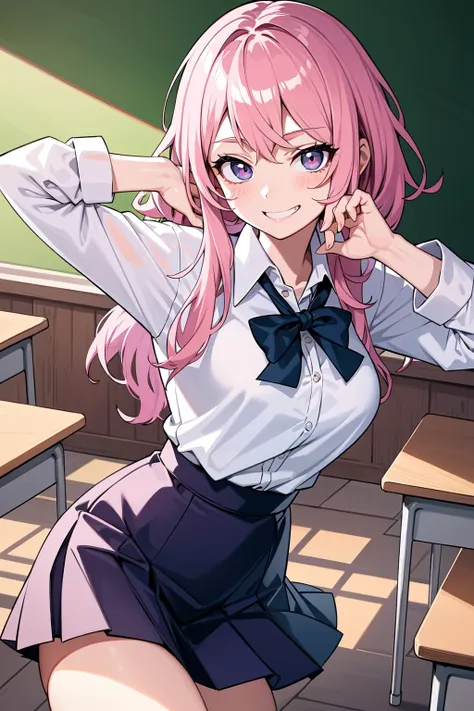 masterpiece, best quality, illustration, classroom, 1girl, cowboy shot, detailed medium pink hair, narrowed blue eyes, school uniform, white collared shirt tucked in, navy miniskirt, grin