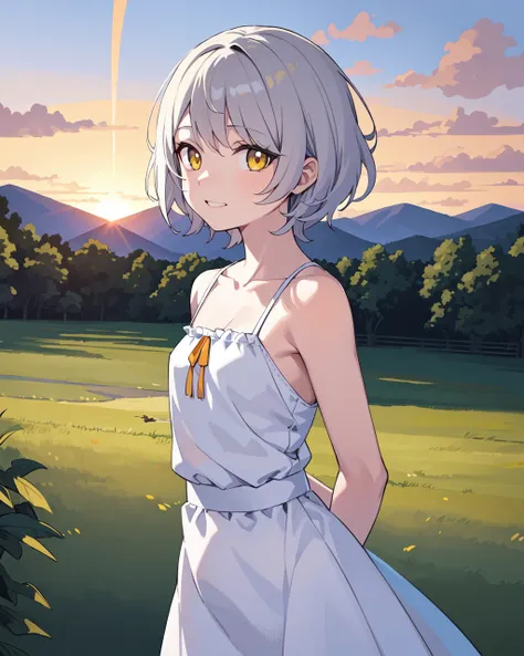 masterpiece, best quality, illustration, colorful, scenery, summer, sunset, rural, 1girl, upper body, arms behind back, looking at viewer, flat chest, messy short grey hair, yellow eyes, white sundress, grin, sunlight