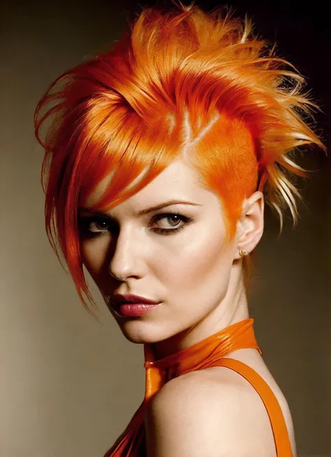 portrait of sks woman by Flora Borsi, style by Flora Borsi, bold, bright colours, orange Mohawk haircut, ((Flora Borsi)), <lora:locon_ivana_v1_from_v1_64_32:1.3>