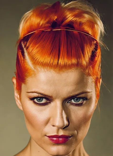 analog style, modelshoot style, portrait of sks woman by Flora Borsi, style by Flora Borsi, bold, bright colours, orange Mohawk haircut, ((Flora Borsi)), <lora:locon_ivana_v1_from_v1_64_32:1.3>