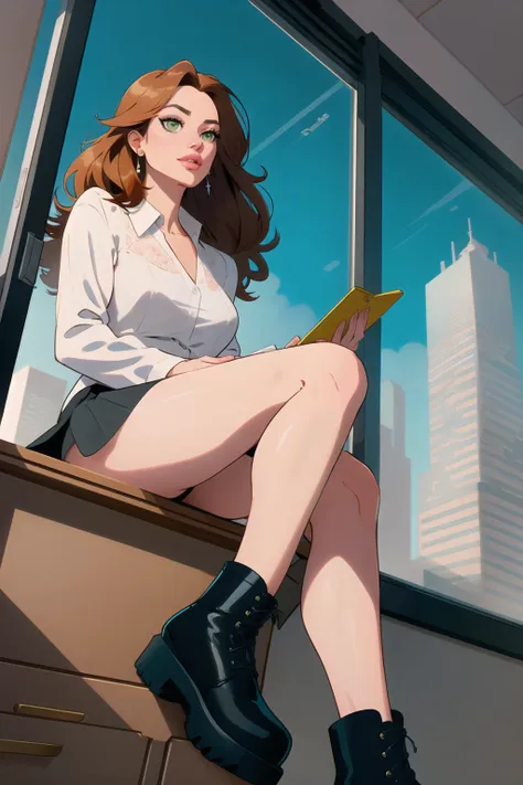 Masterpiece, absurdres, lineart style, award winning close up image from the side of a woman wearing a white blouse and grey skirt, sitting on top of desk with her legs up, feet on desk, wearing black designer_boots with zippers, in an office with a window with skyscrapers in the background, looking down on viewer, extremely detailed, amazing, fine detail, extremely detailed eyes and face, rich colors, dramatic lighting, dynamic camera angle, focus on feet, fish eye lens, thick lineart, comic style, lowangleview-3000, <lora:theseBootsAreMadeFor_v10:.75>