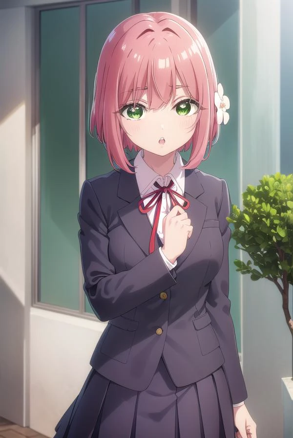 hakarihanazono, <lyco:hakarihanazono-lyco-nochekaiser:0.8>,
hakari hanazono, short hair, hair ornament, (green eyes:1.5), pink hair, flower, hair flower, hair between eyes, sidelocks, <lora:talkmouth_U_v100:1>, open mouth,
BREAK skirt, shirt, ribbon, school uniform, blazer, white shirt, pleated skirt, collared shirt, black skirt, red ribbon, neck ribbon,
BREAK looking at viewer,
BREAK indoors, classroom, (cowboy shot:1.5),
BREAK <lyco:GoodHands-beta2:1>, (masterpiece:1.2), best quality, high resolution, unity 8k wallpaper, (illustration:0.8), (beautiful detailed eyes:1.6), extremely detailed face, perfect lighting, extremely detailed CG, (perfect hands, perfect anatomy),