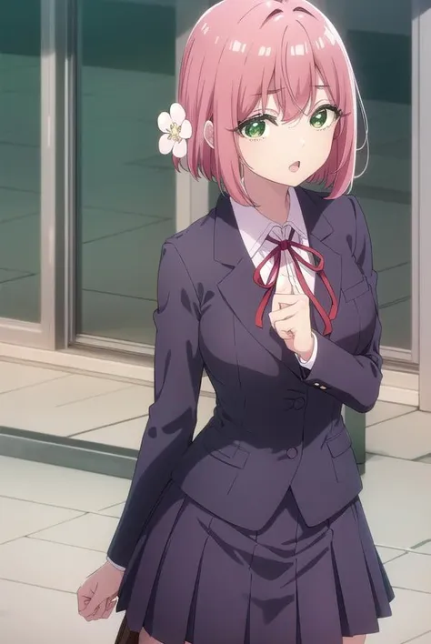 hakarihanazono, <lyco:hakarihanazono-lyco-nochekaiser:0.8>,
hakari hanazono, short hair, hair ornament, (green eyes:1.5), pink hair, flower, hair flower, hair between eyes, sidelocks, <lora:talkmouth_O_v100:1>, open mouth,
BREAK skirt, shirt, ribbon, school uniform, blazer, white shirt, pleated skirt, collared shirt, black skirt, red ribbon, neck ribbon, 
BREAK looking at viewer,
BREAK indoors, classroom, (cowboy shot:1.5),
BREAK <lyco:GoodHands-beta2:1>, (masterpiece:1.2), best quality, high resolution, unity 8k wallpaper, (illustration:0.8), (beautiful detailed eyes:1.6), extremely detailed face, perfect lighting, extremely detailed CG, (perfect hands, perfect anatomy),