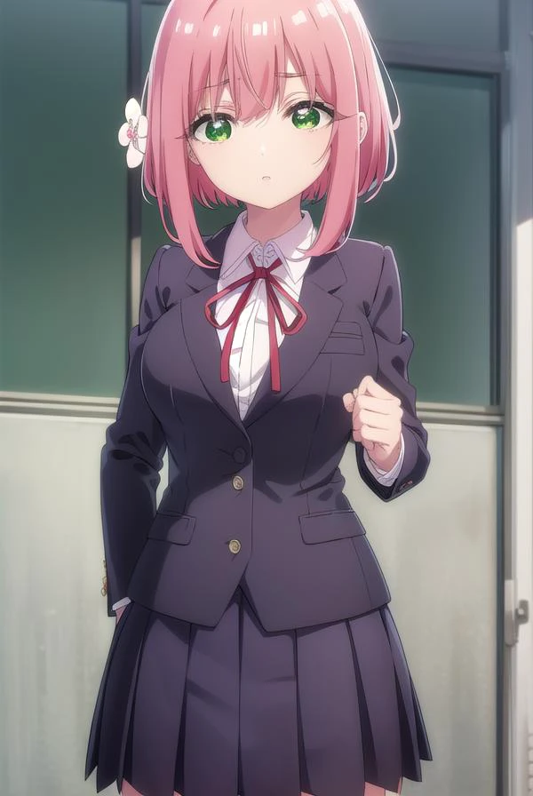 hakarihanazono, <lyco:hakarihanazono-lyco-nochekaiser:0.8>,
hakari hanazono, short hair, hair ornament, (green eyes:1.5), pink hair, flower, hair flower, hair between eyes, sidelocks,
BREAK skirt, shirt, ribbon, school uniform, blazer, white shirt, pleated skirt, collared shirt, black skirt, red ribbon, neck ribbon,
BREAK looking at viewer,
BREAK indoors, classroom, (cowboy shot:1.5),
BREAK <lyco:GoodHands-beta2:1>, (masterpiece:1.2), best quality, high resolution, unity 8k wallpaper, (illustration:0.8), (beautiful detailed eyes:1.6), extremely detailed face, perfect lighting, extremely detailed CG, (perfect hands, perfect anatomy),