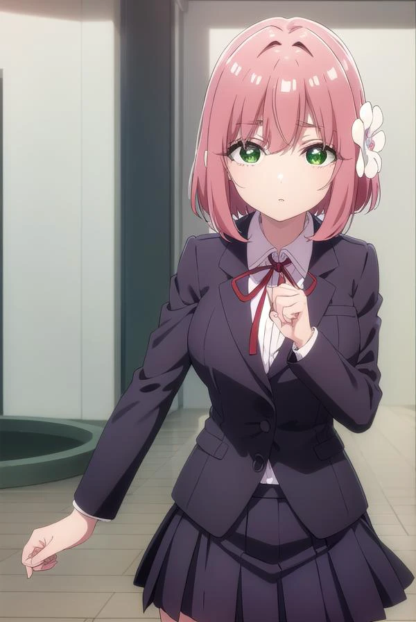 hakarihanazono, <lyco:hakarihanazono-lyco-nochekaiser:0.8>,
hakari hanazono, short hair, hair ornament, (green eyes:1.5), pink hair, flower, hair flower, hair between eyes, sidelocks,
BREAK skirt, shirt, ribbon, school uniform, blazer, white shirt, pleated skirt, collared shirt, black skirt, red ribbon, neck ribbon,
BREAK looking at viewer,
BREAK indoors, classroom, (cowboy shot:1.5),
BREAK <lyco:GoodHands-beta2:1>, (masterpiece:1.2), best quality, high resolution, unity 8k wallpaper, (illustration:0.8), (beautiful detailed eyes:1.6), extremely detailed face, perfect lighting, extremely detailed CG, (perfect hands, perfect anatomy),
