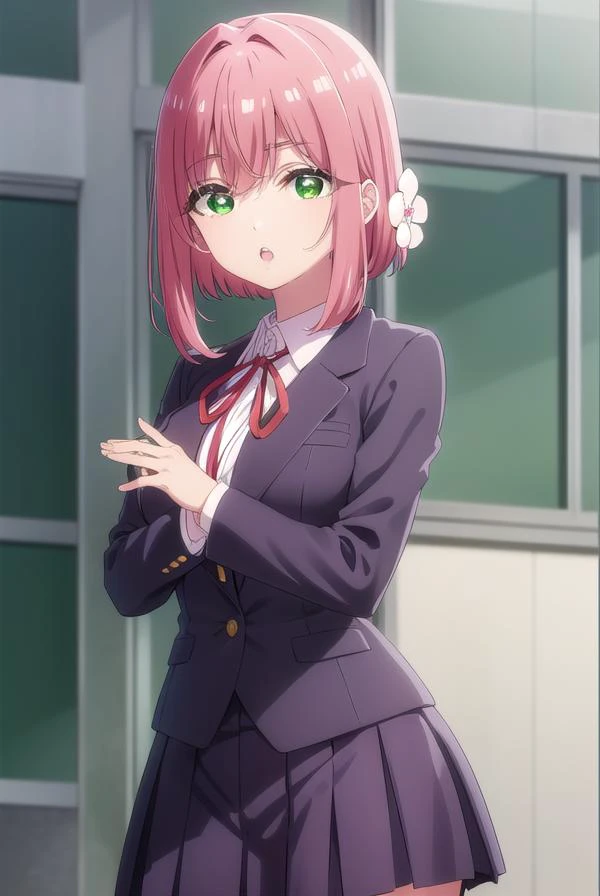 hakarihanazono, <lyco:hakarihanazono-lyco-nochekaiser:0.8>,
hakari hanazono, short hair, hair ornament, (green eyes:1.5), pink hair, flower, hair flower, hair between eyes, sidelocks, <lora:talkmouth_U_v100:1>, open mouth,
BREAK skirt, shirt, ribbon, school uniform, blazer, white shirt, pleated skirt, collared shirt, black skirt, red ribbon, neck ribbon,
BREAK looking at viewer,
BREAK indoors, classroom, (cowboy shot:1.5),
BREAK <lyco:GoodHands-beta2:1>, (masterpiece:1.2), best quality, high resolution, unity 8k wallpaper, (illustration:0.8), (beautiful detailed eyes:1.6), extremely detailed face, perfect lighting, extremely detailed CG, (perfect hands, perfect anatomy),