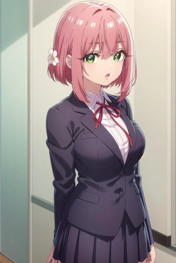 hakarihanazono, <lyco:hakarihanazono-lyco-nochekaiser:0.8>,
hakari hanazono, short hair, hair ornament, (green eyes:1.5), pink hair, flower, hair flower, hair between eyes, sidelocks, <lora:talkmouth_O_v100:1>, open mouth,
BREAK skirt, shirt, ribbon, school uniform, blazer, white shirt, pleated skirt, collared shirt, black skirt, red ribbon, neck ribbon,
BREAK looking at viewer,
BREAK indoors, classroom, (cowboy shot:1.5),
BREAK <lyco:GoodHands-beta2:1>, (masterpiece:1.2), best quality, high resolution, unity 8k wallpaper, (illustration:0.8), (beautiful detailed eyes:1.6), extremely detailed face, perfect lighting, extremely detailed CG, (perfect hands, perfect anatomy),