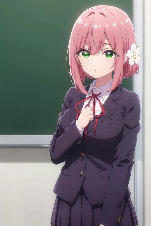 hakarihanazono, <lyco:hakarihanazono-lyco-nochekaiser:0.8>,
hakari hanazono, short hair, hair ornament, (green eyes:1.5), pink hair, flower, hair flower, hair between eyes, sidelocks,
BREAK skirt, shirt, ribbon, school uniform, blazer, white shirt, pleated skirt, collared shirt, black skirt, red ribbon, neck ribbon,
BREAK looking at viewer,
BREAK indoors, classroom, (cowboy shot:1.5),
BREAK <lyco:GoodHands-beta2:1>, (masterpiece:1.2), best quality, high resolution, unity 8k wallpaper, (illustration:0.8), (beautiful detailed eyes:1.6), extremely detailed face, perfect lighting, extremely detailed CG, (perfect hands, perfect anatomy),