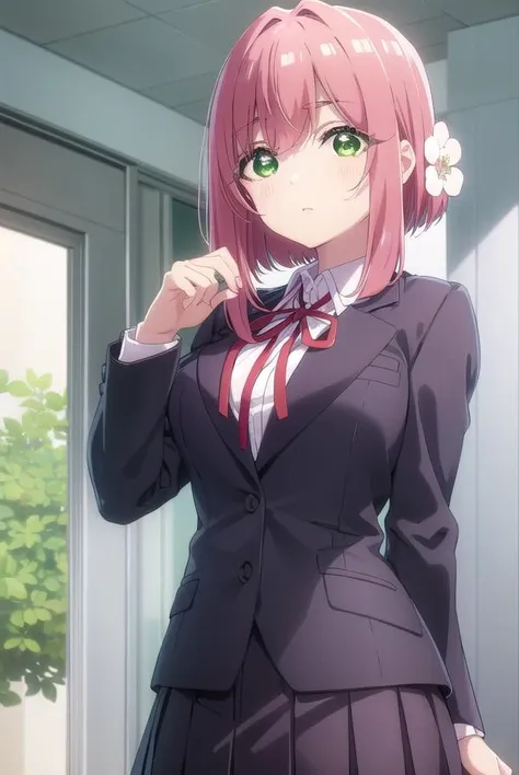 hakarihanazono, <lyco:hakarihanazono-lyco-nochekaiser:0.8>,
hakari hanazono, short hair, hair ornament, (green eyes:1.5), pink hair, flower, hair flower, hair between eyes, sidelocks,
BREAK skirt, shirt, ribbon, school uniform, blazer, white shirt, pleated skirt, collared shirt, black skirt, red ribbon, neck ribbon, 
BREAK looking at viewer,
BREAK indoors, classroom, (cowboy shot:1.5),
BREAK <lyco:GoodHands-beta2:1>, (masterpiece:1.2), best quality, high resolution, unity 8k wallpaper, (illustration:0.8), (beautiful detailed eyes:1.6), extremely detailed face, perfect lighting, extremely detailed CG, (perfect hands, perfect anatomy),