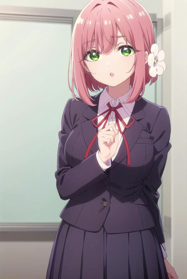 hakarihanazono, <lyco:hakarihanazono-lyco-nochekaiser:0.8>,
hakari hanazono, short hair, hair ornament, (green eyes:1.5), pink hair, flower, hair flower, hair between eyes, sidelocks, <lora:talkmouth_U_v100:1>, open mouth,
BREAK skirt, shirt, ribbon, school uniform, blazer, white shirt, pleated skirt, collared shirt, black skirt, red ribbon, neck ribbon,
BREAK looking at viewer,
BREAK indoors, classroom, (cowboy shot:1.5),
BREAK <lyco:GoodHands-beta2:1>, (masterpiece:1.2), best quality, high resolution, unity 8k wallpaper, (illustration:0.8), (beautiful detailed eyes:1.6), extremely detailed face, perfect lighting, extremely detailed CG, (perfect hands, perfect anatomy),