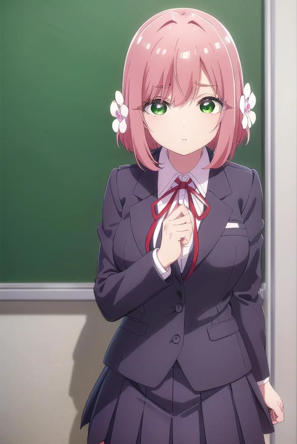 hakarihanazono, <lyco:hakarihanazono-lyco-nochekaiser:0.8>,
hakari hanazono, short hair, hair ornament, (green eyes:1.5), pink hair, flower, hair flower, hair between eyes, sidelocks,
BREAK skirt, shirt, ribbon, school uniform, blazer, white shirt, pleated skirt, collared shirt, black skirt, red ribbon, neck ribbon,
BREAK looking at viewer,
BREAK indoors, classroom, (cowboy shot:1.5),
BREAK <lyco:GoodHands-beta2:1>, (masterpiece:1.2), best quality, high resolution, unity 8k wallpaper, (illustration:0.8), (beautiful detailed eyes:1.6), extremely detailed face, perfect lighting, extremely detailed CG, (perfect hands, perfect anatomy),