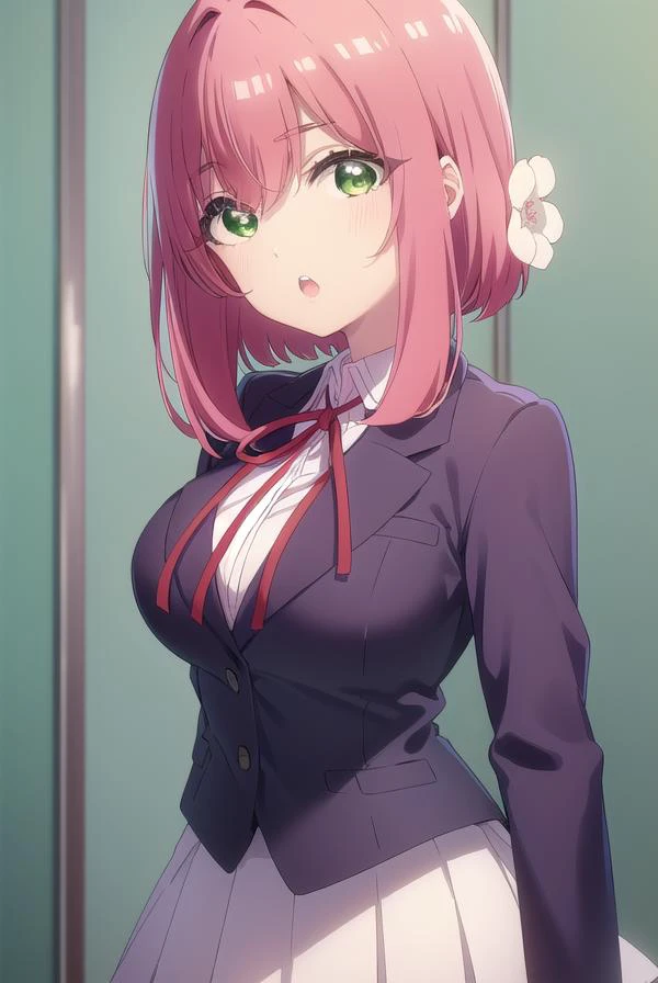 hakarihanazono, <lyco:hakarihanazono-lyco-nochekaiser:0.8>,
hakari hanazono, short hair, hair ornament, (green eyes:1.5), pink hair, flower, hair flower, hair between eyes, sidelocks, <lora:talkmouth_U_v100:1>, open mouth,
BREAK skirt, shirt, ribbon, school uniform, blazer, white shirt, pleated skirt, collared shirt, black skirt, red ribbon, neck ribbon,
BREAK looking at viewer,
BREAK indoors, classroom, (cowboy shot:1.5),
BREAK <lyco:GoodHands-beta2:1>, (masterpiece:1.2), best quality, high resolution, unity 8k wallpaper, (illustration:0.8), (beautiful detailed eyes:1.6), extremely detailed face, perfect lighting, extremely detailed CG, (perfect hands, perfect anatomy),