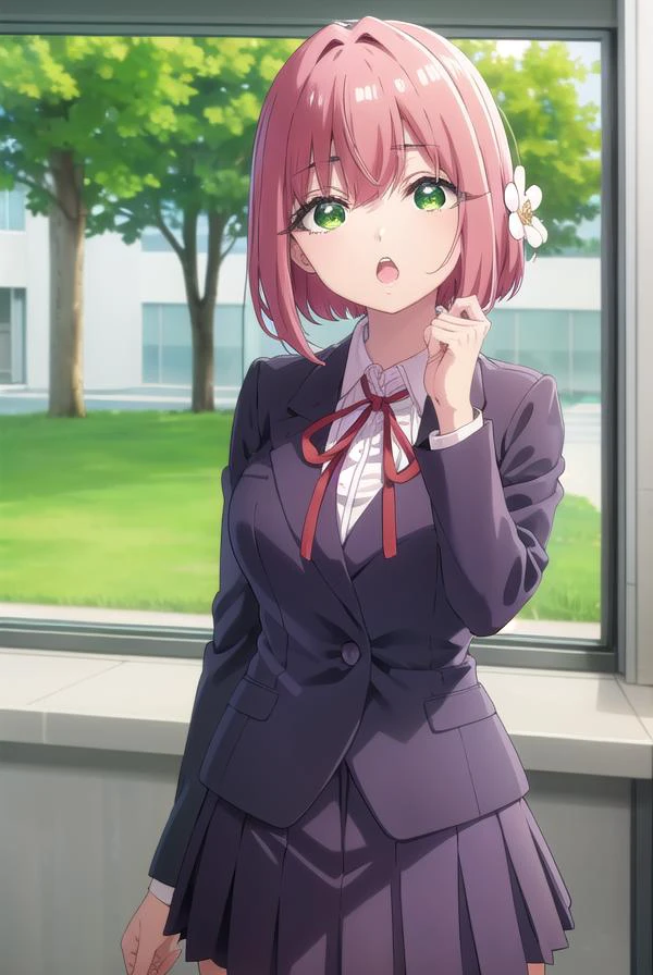 hakarihanazono, <lyco:hakarihanazono-lyco-nochekaiser:0.8>,
hakari hanazono, short hair, hair ornament, (green eyes:1.5), pink hair, flower, hair flower, hair between eyes, sidelocks, <lora:talkmouth_O_v100:1>, open mouth,
BREAK skirt, shirt, ribbon, school uniform, blazer, white shirt, pleated skirt, collared shirt, black skirt, red ribbon, neck ribbon,
BREAK looking at viewer,
BREAK indoors, classroom, (cowboy shot:1.5),
BREAK <lyco:GoodHands-beta2:1>, (masterpiece:1.2), best quality, high resolution, unity 8k wallpaper, (illustration:0.8), (beautiful detailed eyes:1.6), extremely detailed face, perfect lighting, extremely detailed CG, (perfect hands, perfect anatomy),
