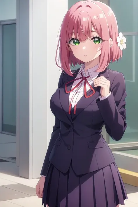 hakarihanazono, <lyco:hakarihanazono-lyco-nochekaiser:0.8>,
hakari hanazono, short hair, hair ornament, (green eyes:1.5), pink hair, flower, hair flower, hair between eyes, sidelocks,
BREAK skirt, shirt, ribbon, school uniform, blazer, white shirt, pleated skirt, collared shirt, black skirt, red ribbon, neck ribbon, 
BREAK looking at viewer,
BREAK indoors, classroom, (cowboy shot:1.5),
BREAK <lyco:GoodHands-beta2:1>, (masterpiece:1.2), best quality, high resolution, unity 8k wallpaper, (illustration:0.8), (beautiful detailed eyes:1.6), extremely detailed face, perfect lighting, extremely detailed CG, (perfect hands, perfect anatomy),