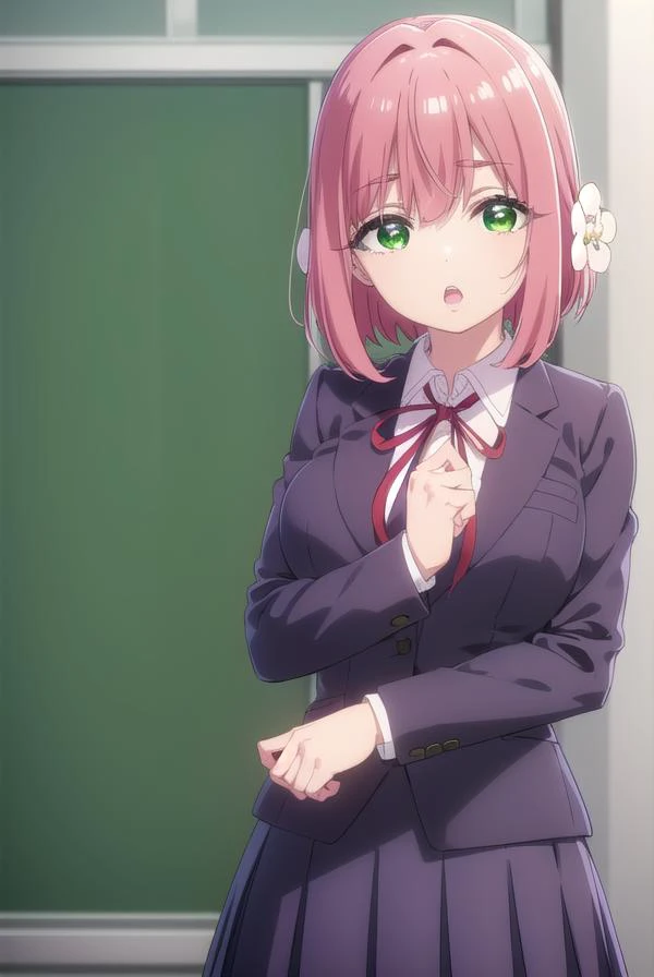 hakarihanazono, <lyco:hakarihanazono-lyco-nochekaiser:0.8>,
hakari hanazono, short hair, hair ornament, (green eyes:1.5), pink hair, flower, hair flower, hair between eyes, sidelocks, <lora:talkmouth_O_v100:1>, open mouth,
BREAK skirt, shirt, ribbon, school uniform, blazer, white shirt, pleated skirt, collared shirt, black skirt, red ribbon, neck ribbon, 
BREAK looking at viewer,
BREAK indoors, classroom, (cowboy shot:1.5),
BREAK <lyco:GoodHands-beta2:1>, (masterpiece:1.2), best quality, high resolution, unity 8k wallpaper, (illustration:0.8), (beautiful detailed eyes:1.6), extremely detailed face, perfect lighting, extremely detailed CG, (perfect hands, perfect anatomy),