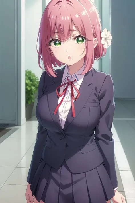 hakarihanazono, <lyco:hakarihanazono-lyco-nochekaiser:0.8>,
hakari hanazono, short hair, hair ornament, (green eyes:1.5), pink hair, flower, hair flower, hair between eyes, sidelocks, <lora:talkmouth_U_v100:1>, open mouth,
BREAK skirt, shirt, ribbon, school uniform, blazer, white shirt, pleated skirt, collared shirt, black skirt, red ribbon, neck ribbon, 
BREAK looking at viewer,
BREAK indoors, classroom, (cowboy shot:1.5),
BREAK <lyco:GoodHands-beta2:1>, (masterpiece:1.2), best quality, high resolution, unity 8k wallpaper, (illustration:0.8), (beautiful detailed eyes:1.6), extremely detailed face, perfect lighting, extremely detailed CG, (perfect hands, perfect anatomy),