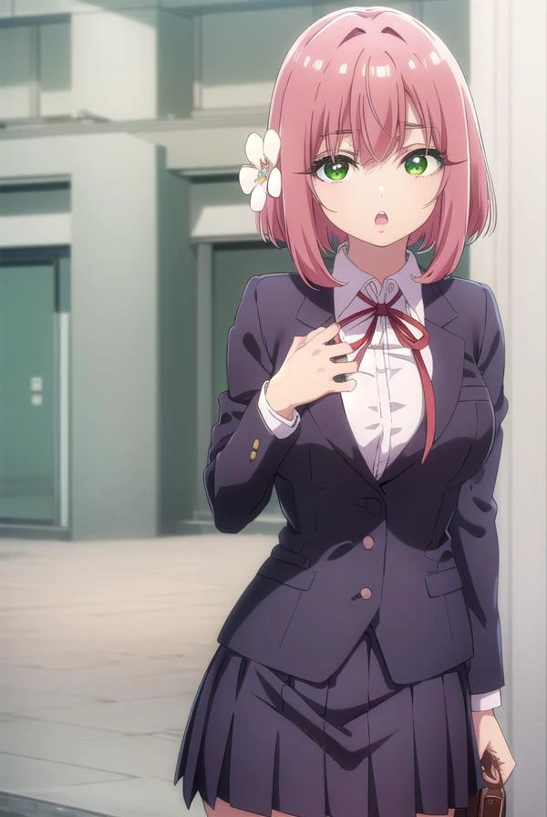 hakarihanazono, <lyco:hakarihanazono-lyco-nochekaiser:0.8>,
hakari hanazono, short hair, hair ornament, (green eyes:1.5), pink hair, flower, hair flower, hair between eyes, sidelocks, <lora:talkmouth_O_v100:1>, open mouth,
BREAK skirt, shirt, ribbon, school uniform, blazer, white shirt, pleated skirt, collared shirt, black skirt, red ribbon, neck ribbon,
BREAK looking at viewer,
BREAK indoors, classroom, (cowboy shot:1.5),
BREAK <lyco:GoodHands-beta2:1>, (masterpiece:1.2), best quality, high resolution, unity 8k wallpaper, (illustration:0.8), (beautiful detailed eyes:1.6), extremely detailed face, perfect lighting, extremely detailed CG, (perfect hands, perfect anatomy),