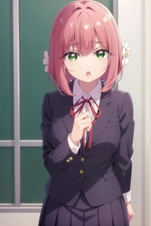 hakarihanazono, <lyco:hakarihanazono-lyco-nochekaiser:0.8>,
hakari hanazono, short hair, hair ornament, (green eyes:1.5), pink hair, flower, hair flower, hair between eyes, sidelocks, <lora:talkmouth_U_v100:1>, open mouth,
BREAK skirt, shirt, ribbon, school uniform, blazer, white shirt, pleated skirt, collared shirt, black skirt, red ribbon, neck ribbon, 
BREAK looking at viewer,
BREAK indoors, classroom, (cowboy shot:1.5),
BREAK <lyco:GoodHands-beta2:1>, (masterpiece:1.2), best quality, high resolution, unity 8k wallpaper, (illustration:0.8), (beautiful detailed eyes:1.6), extremely detailed face, perfect lighting, extremely detailed CG, (perfect hands, perfect anatomy),