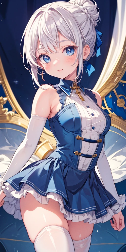 (masterpiece,ultra-detailed,best quality,8K,illustration,shaved:1.2),(ite girl:1.0) <lora:add_detail:1.0>, <lora:Alice Elliot:0.6> grey hair, hair up, braid, ribbon, light blue eyes, blue outfit, thighhighs