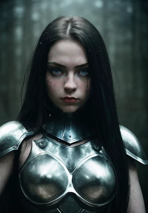 gothic, portrait, masterpiece, glowing steel armor, full plate armor, Big Close-Up, pale skin, straight long hair, big blue eyes, freckles, wet hair, best quality, highly detailed, cinematic film, dramatic lighting shadow, kodak, vignette, high budget, epic film grain, grainy, hyper detailed, expressive,  award winning, intricate details, looking at viewer, dynamic pose, atmospheric haze, cinematic film still, highly detailed, high budget, photorealistic, candid camera, color graded cinematic, eye catchlights, atmospheric lighting, natural <lora:gothic_v1:1>