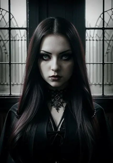 gothic, woman, long hair, prefect eyes, beautiful, gorgeous, pale hair, detailed background, RAW photo, subject, 8k, soft lighting, high quality, film grain, Fujifilm siting in a throne, intrincate details, dramatic shadows, rays of light from window, detailed face, intrincate skin <lora:gothic_v1:1>