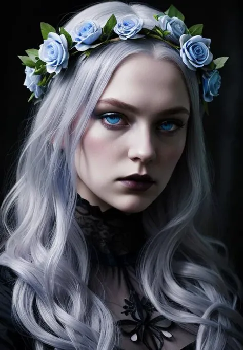 gothic, hyper-realistic portrait of a mysterious woman with flowing silver hair, piercing blue eyes, and a delicate floral crown <lora:gothic_v1:1>
