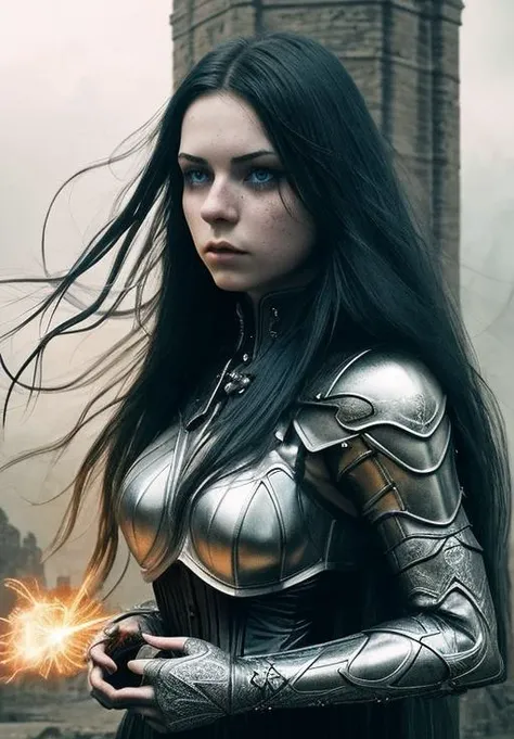 gothic, portrait, masterpiece, glowing cooper armor, girl emanating energy and sparks, arc flash, castle in background, lightning bolt, tunderstorm, Big Close-Up, pale skin, straight long hair, big blue eyes, freckles, wet hair, best quality, highly detailed, cinematic film, dramatic lighting shadow, kodak, vignette, high budget, epic film grain, grainy, hyper detailed, expressive, award winning, intricate details, looking at viewer, dynamic pose, atmospheric haze, cinematic film still, highly detailed, high budget, photorealistic, candid camera, color graded cinematic, eye catchlights, atmospheric lighting, natural <lora:gothic_v1:1>