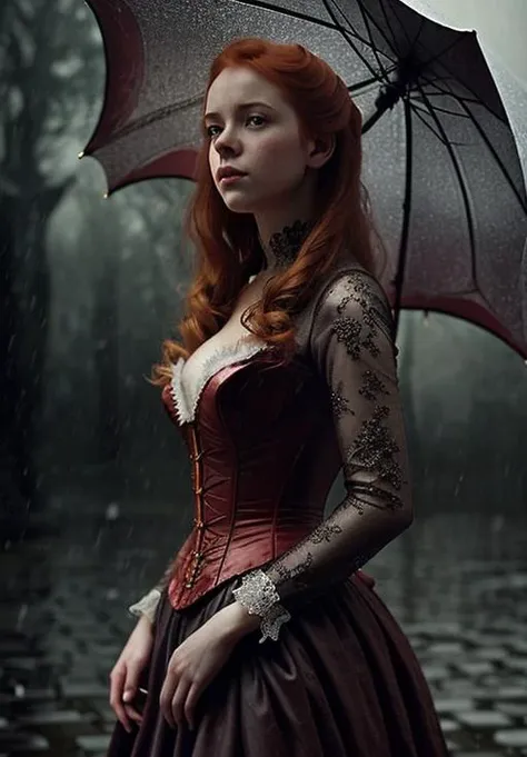 ginger, masterpiece, victorian style dress, portrait, best quality, highly detailed, cinematic film, water drops, rain drops, splash detailed, surreal dramatic lighting shadow, kodak, vignette, high budget, bokeh, cinemascope, moody, epic film grain, grainy, poster art, bold lines, hyper detailed, expressive,  award winning, intricate details, looking at viewer, dynamic pose, wide angle view, atmospheric haze, cinematic film still, highly detailed, high budget, photorealistic, candid camera, color graded cinematic, eye catchlights, atmospheric lighting, natural <lora:ginger_v03:1>