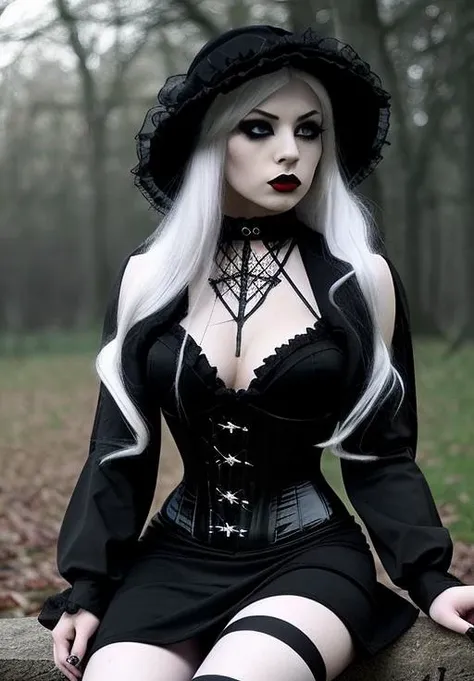 gothic, 1girl, solo, long hair, blonde hair, long sleeves, dress, white hair, nail polish, black dress, lips, makeup, watermark, lipstick, pale skin, realistic<lora:gothic_v1:1>