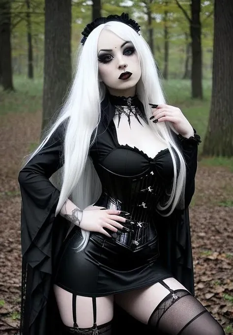 gothic, 1girl, solo, long hair, blonde hair, long sleeves, dress, white hair, nail polish, black dress, lips, makeup, watermark, lipstick, pale skin, realistic<lora:gothic_v1:1>